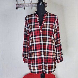 Feathers Maternity Red Black Soft Plaid Stretch Long Sleeve Button Neck Top Sz M
